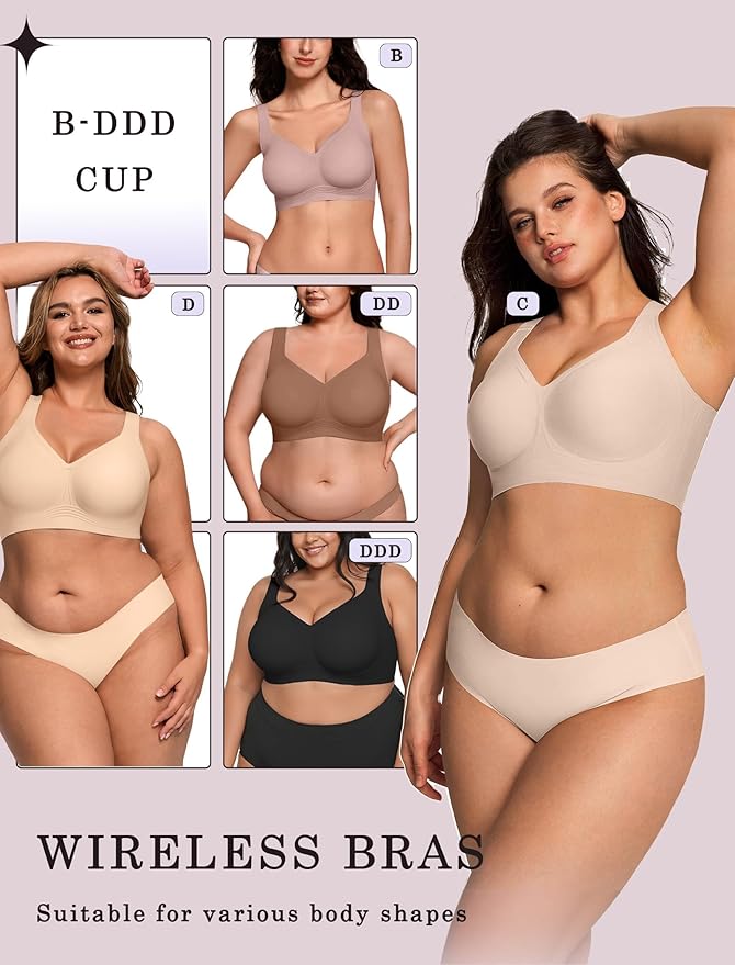 OEAK Womens Wireless Jelly Bra Plus Size Supportive Seamless Bras Full Coverage Push Up Comfortable No Underwire Tshirt Bras