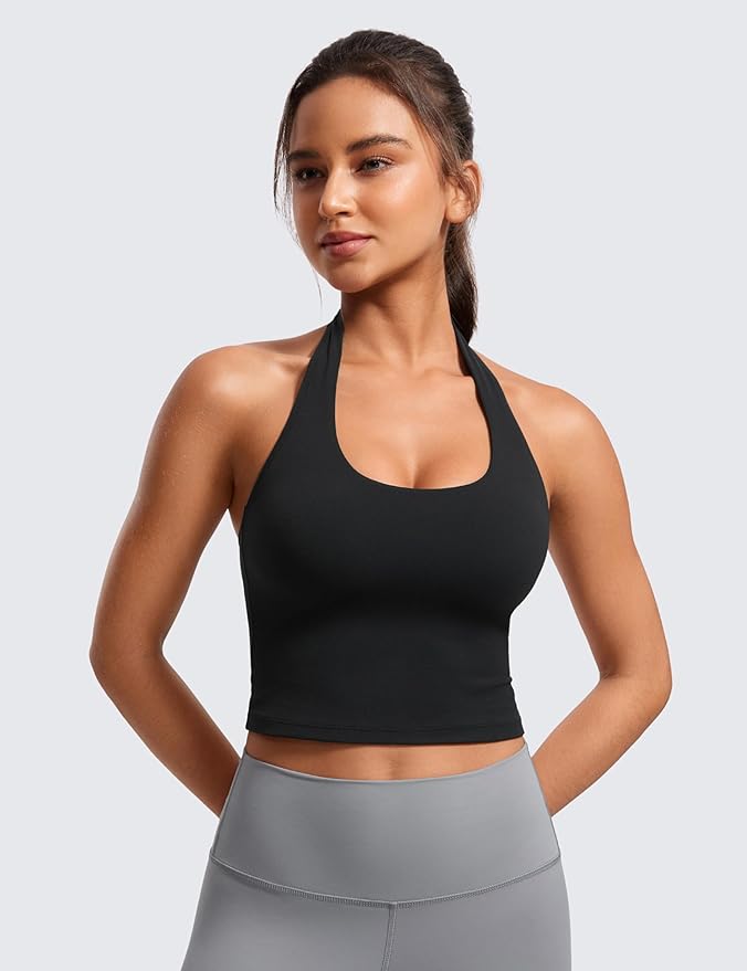 CRZ YOGA Butterluxe Halter Crop Tank Tops for Women - Open Back Padded Longline Sports Bras Workout Gym
