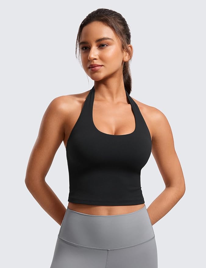 CRZ YOGA Butterluxe Halter Crop Tank Tops for Women - Open Back Padded Longline Sports Bras Workout Gym