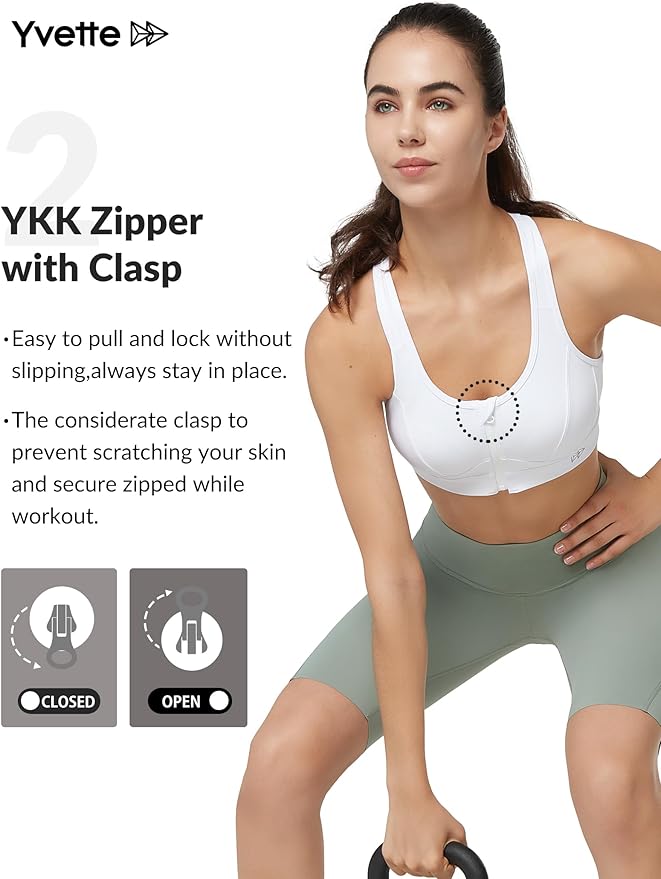 Yvette Zip Front Sports Bra - High Impact Sports Bras for Women Plus Size Workout Fitness Running