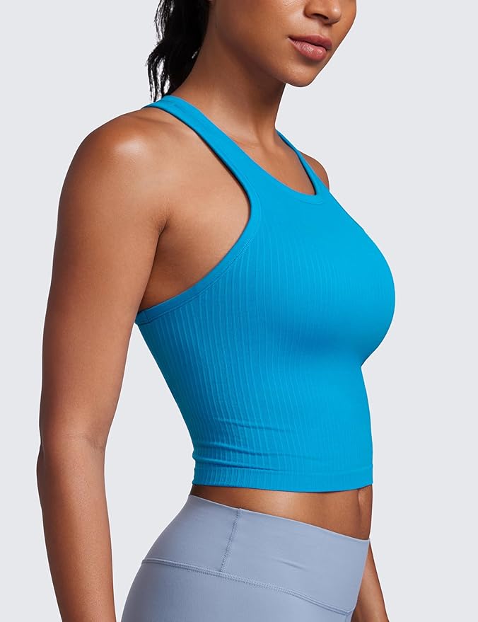 CRZ YOGA Seamless Ribbed High Neck Crop Tank Tops for Women - Longline Racerback Padded Sports Bras