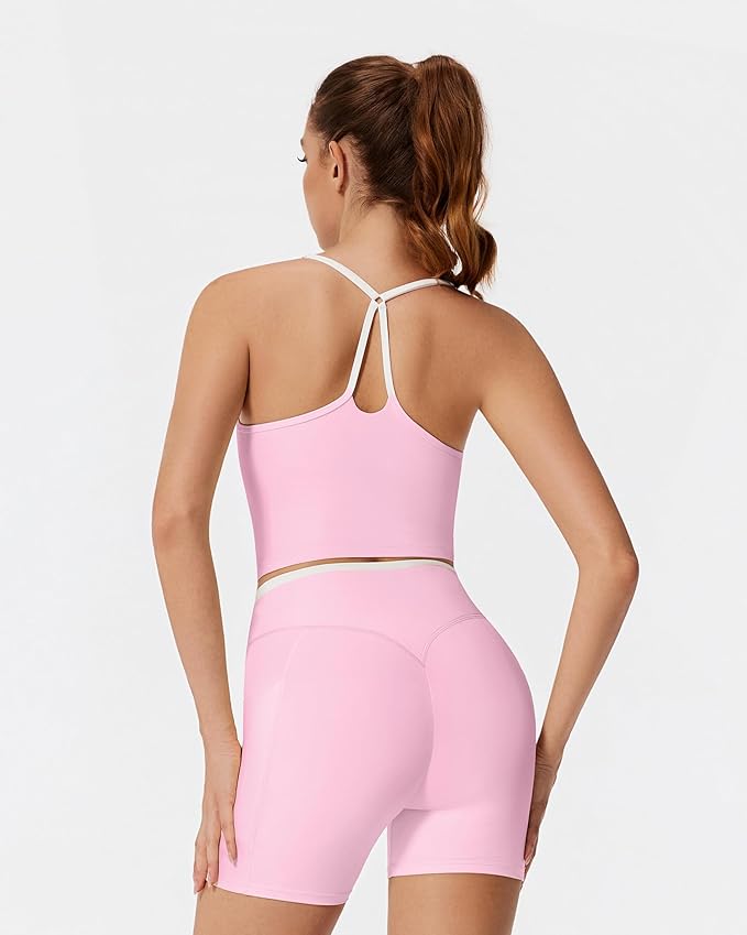 RXRXCOCO Color Block Workout Sets for Women 2 Piece Padded Strappy Tank Tops Hidden Scrunch Booty Shorts with Pockets