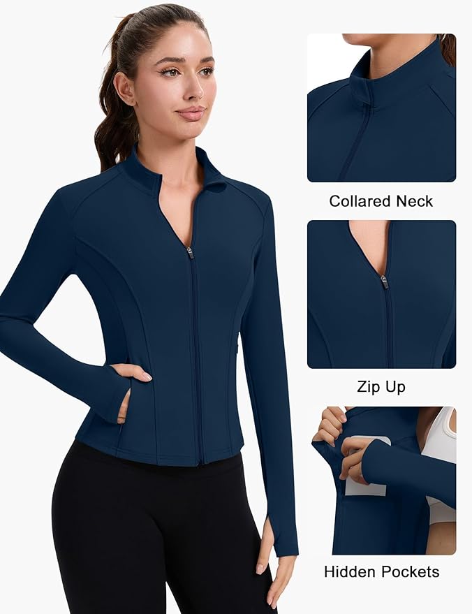 ZHENWEI Workout Jackets for Women Full Zip Up Cropped Athletic Long Sleeve Lightweight Slim Fit Running Tops with Pockets