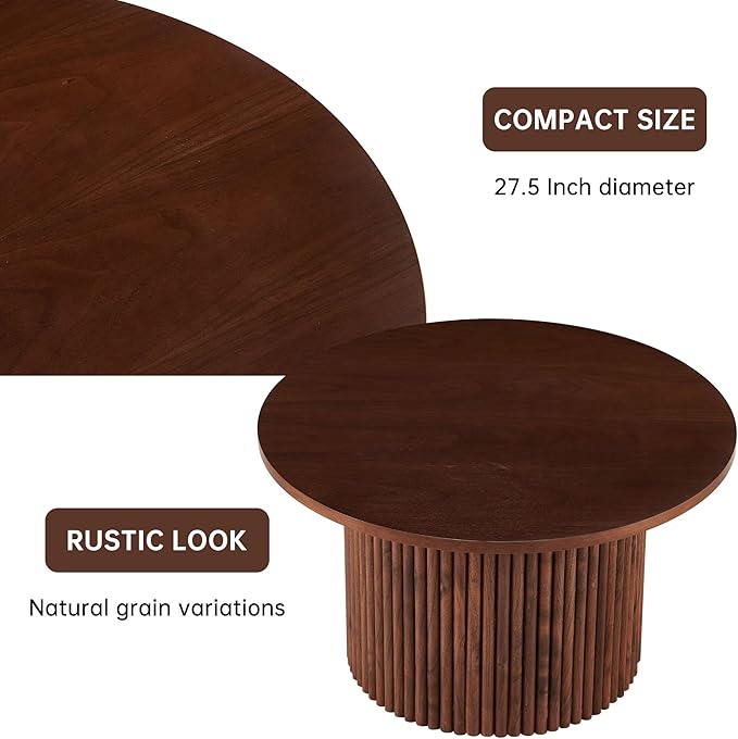 NORDICANA Single Accent Round Coffee Table, 27.5 Inch Wide 16.7 Inch Tall Walnut Color Farmhouse Center Table for Living Room, Manufactured Wood Top with Walnut Veneer