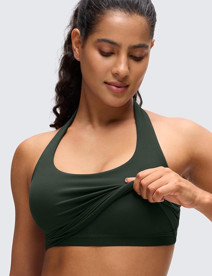 CRZ YOGA Butterluxe Halter Crop Tank Tops for Women - Open Back Padded Longline Sports Bras Workout Gym