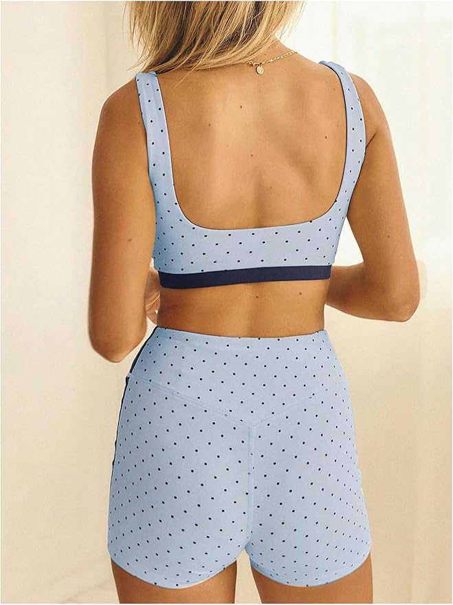 Milumia Women's Polka Dots Workout Set 2 Piece Color Block Yoga Outfit Bra Tank High Waisted Biker Shorts