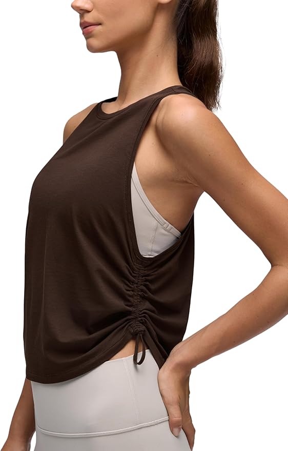 CRZ YOGA Pima Cotton Ruched Side Tank Tops for Women - Workout Athletic Casual Racerback Crewneck Loose Sleeveless Shirts