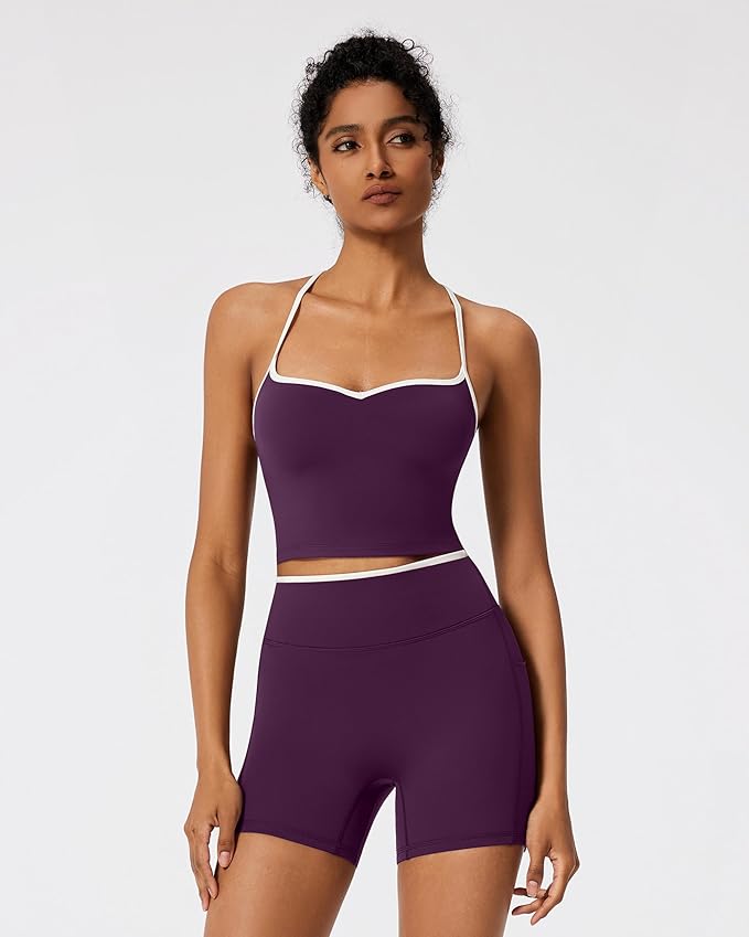 RXRXCOCO Color Block Workout Sets for Women 2 Piece Padded Strappy Tank Tops Hidden Scrunch Booty Shorts with Pockets