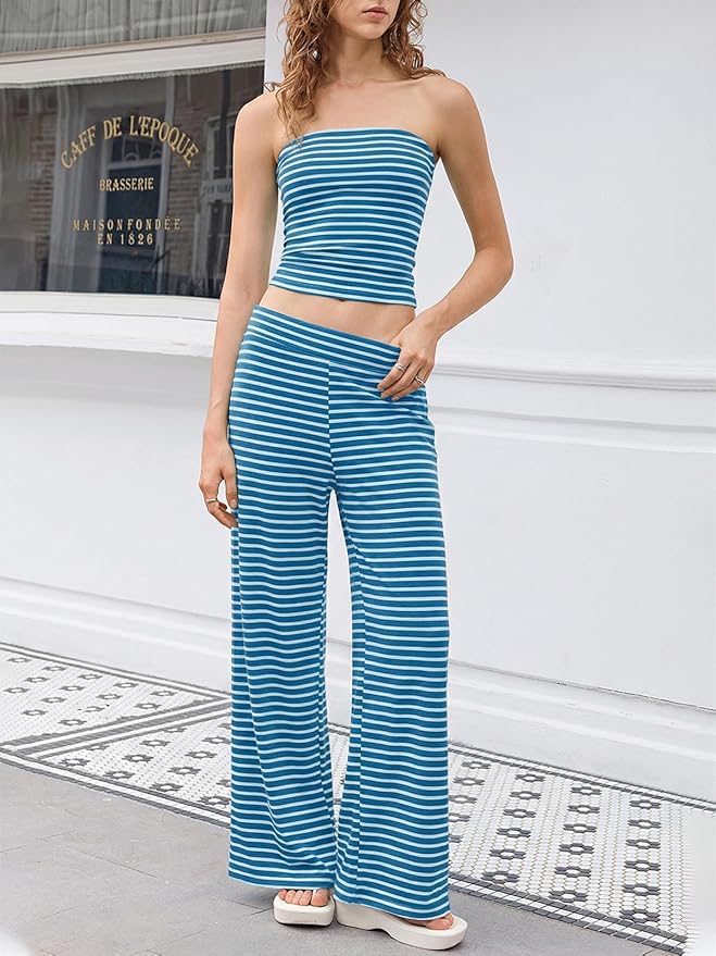 Tankaneo Womens Striped 2 Piece Sets Summer Strapless Crop Tube Tops Wide Leg Pants Matching Lounge Set Vacation Outfits