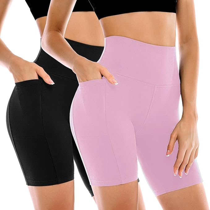 Leafigure 2 Pack Womens Biker Shorts with Pockets, High Waisted Yoga Shorts for Women Running Gym and Workout