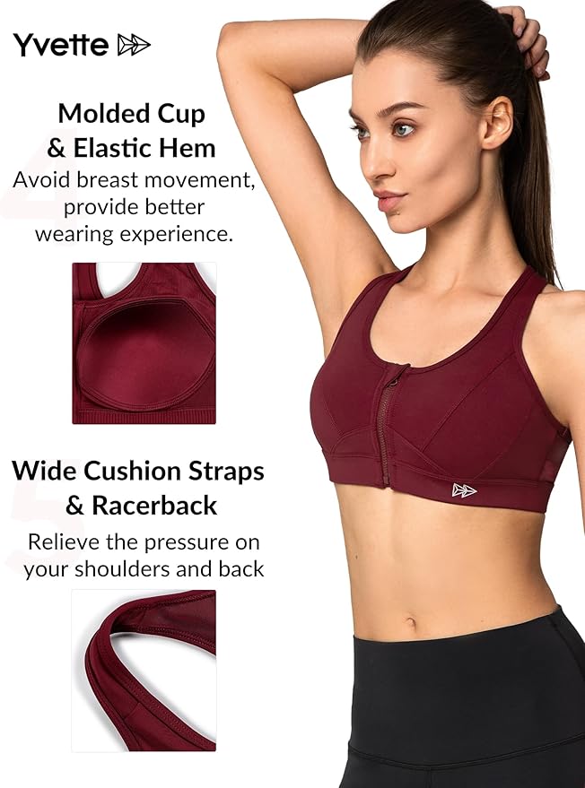 Yvette Zip Front Sports Bra - High Impact Sports Bras for Women Plus Size Workout Fitness Running