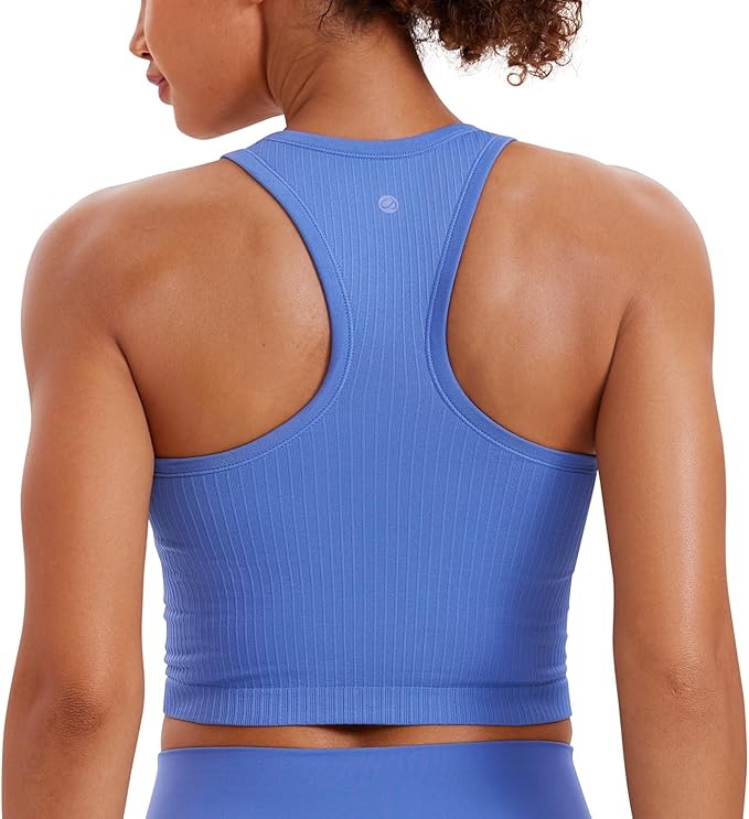 CRZ YOGA Seamless Ribbed High Neck Crop Tank Tops for Women - Longline Racerback Padded Sports Bras