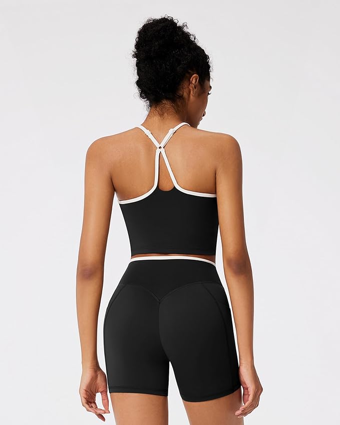 RXRXCOCO Color Block Workout Sets for Women 2 Piece Padded Strappy Tank Tops Hidden Scrunch Booty Shorts with Pockets