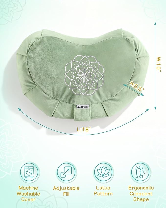 Hihealer Premium Meditation Cushion - Comfortable Floor Pillow for Adult Traditional Crescent Meditation Pillow Yoga Buckwheat Bolster (Green)