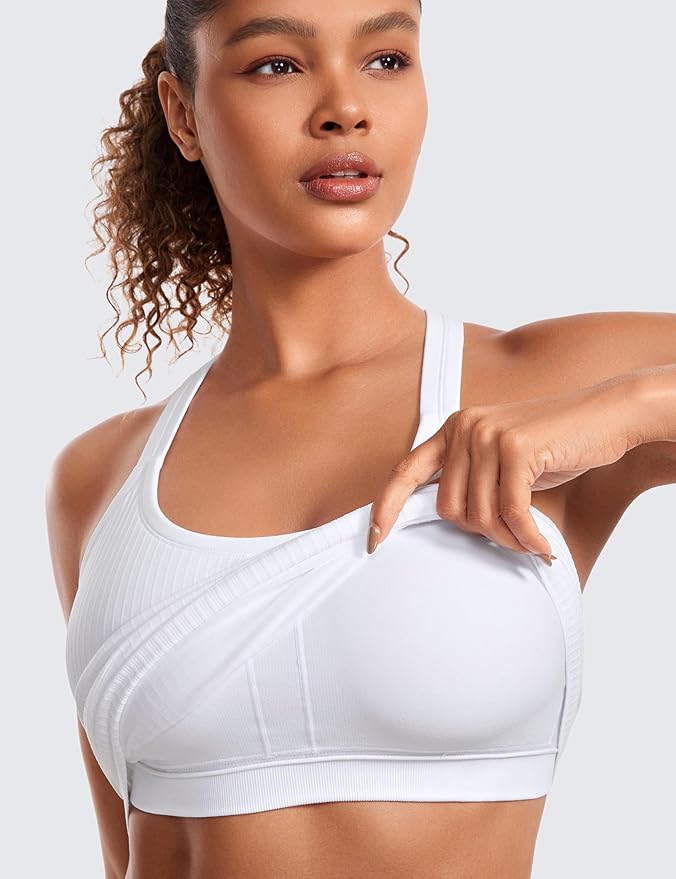 CRZ YOGA Seamless Ribbed Scoop Neck Tank Top for Women - Workout Racerback Padded Athletic Camisole with Built in Bra