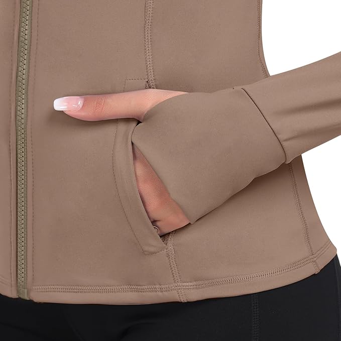 Women's Hooded Athletic Full Zip Workout Jacket With Pockets Running Slim Fit Yoga Sportwear With Thumb Holes