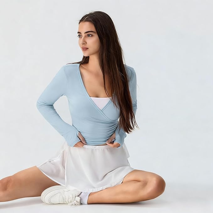 Women Wrap Top Thumb Hole Long Sleeve Self Tie Workout Shirt Pilates Ballet Yoga Tops