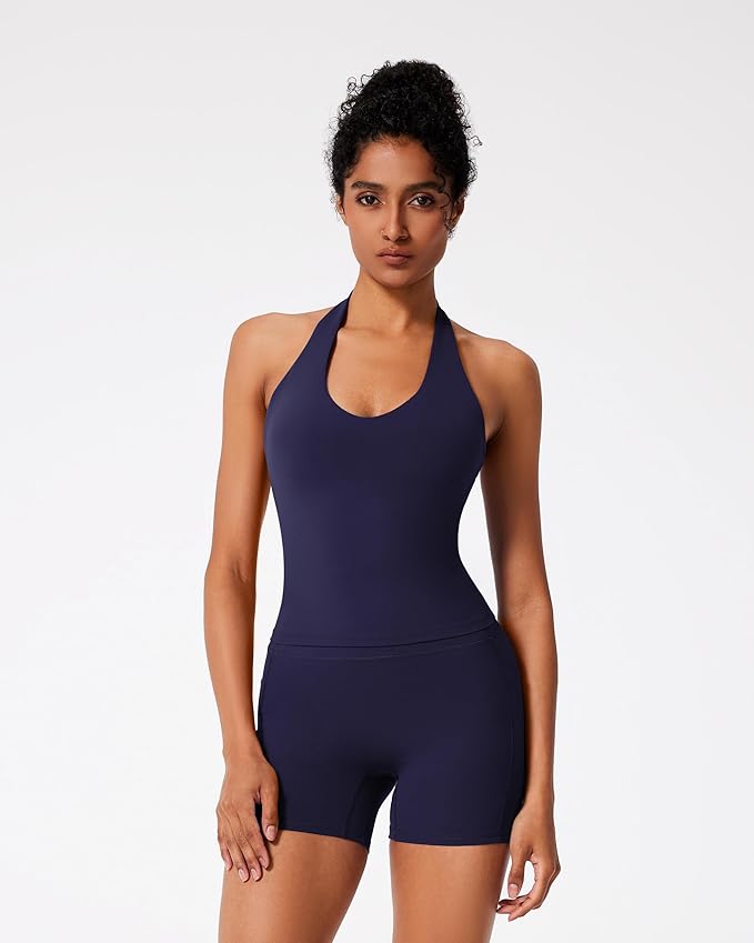 RXRXCOCO Halter Workout Sets for Women 2 Piece V Neck Tank Tops Hidden Scrunch Booty Shorts Gym Outfits with Pockets