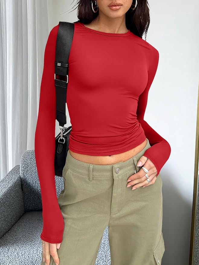 Trendy Queen Womens Long Sleeve T Shirts Fall Fashion 2026 Basic Crop Tops Going Out Outfits Y2k Clothes