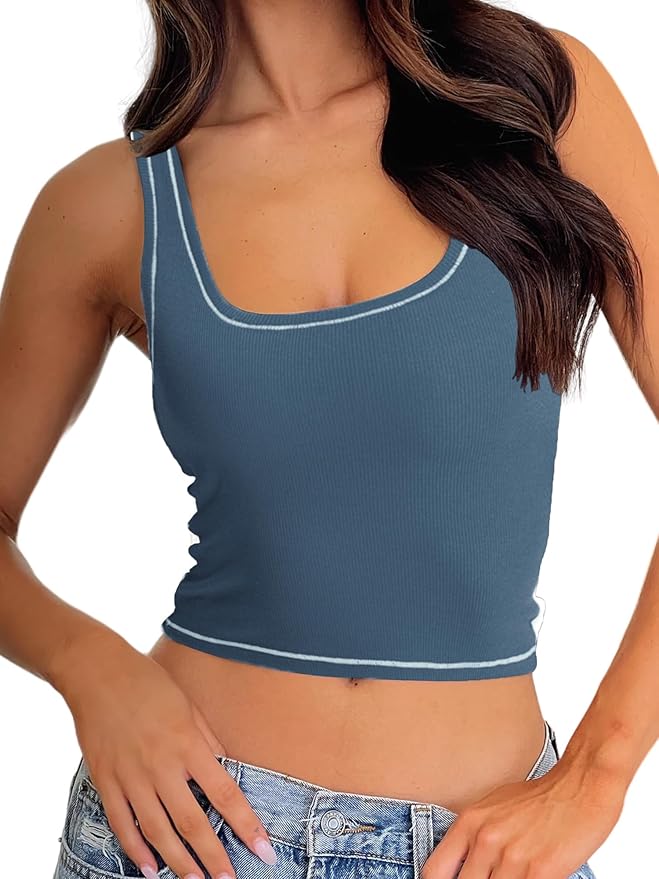 Danysu Women Rib Tank Top Padded Workout Top Square Neck Crop Tank Fitted Basic Cami Tops