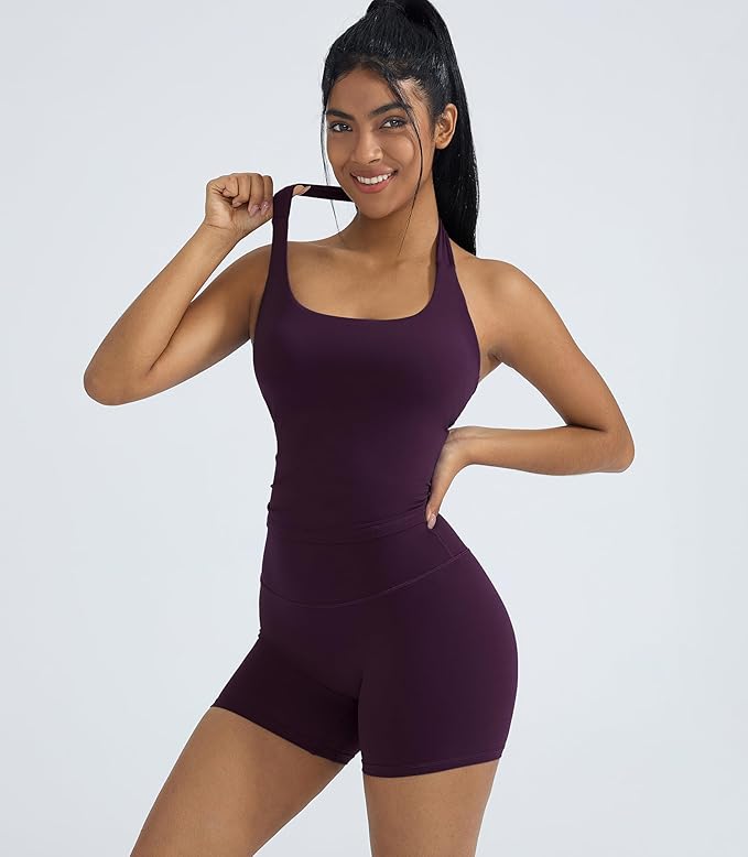 OMKAGI 2 Piece Workout Sets for Women Halter Sports Bra Tank Gym Biker Shorts Outfits