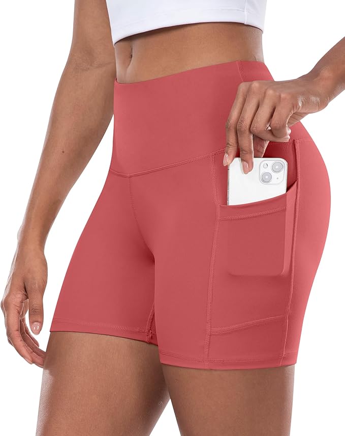 CHRLEISURE Womens Biker Yoga Shorts with Pocket, High Waisted Tummy Control 5 Inch Workout Spandex Athletic Gym Shorts