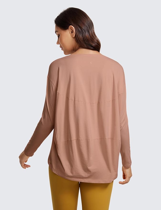 CRZ YOGA Pima Cotton Boat Neck Long Sleeve Shirts for Women - Workout Athletic Yoga Casual Tops Loose Fit Fall T-Shirts