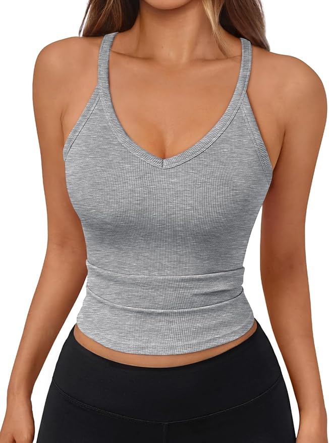 Trendy Queen Womens Racerback Ribbed Tank Tops Soft Stretch V Neck Workout Casual Tops Summer Sleeveless Crop Camisole