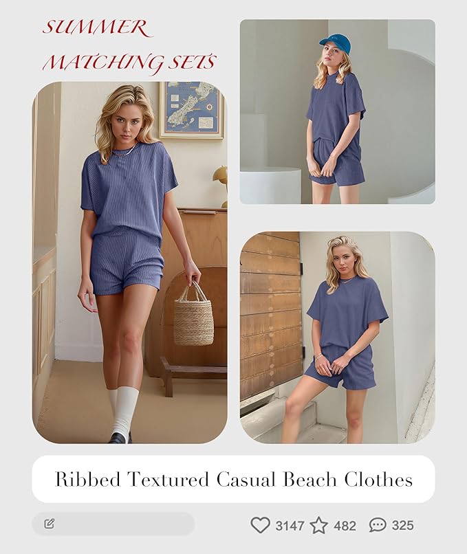 MARZXIN Women 2 Piece Shorts Set 2026 Casual Summer Cruise Outfits Ribbed Loose Short Sleeve Pocket Matching Lounge Sets
