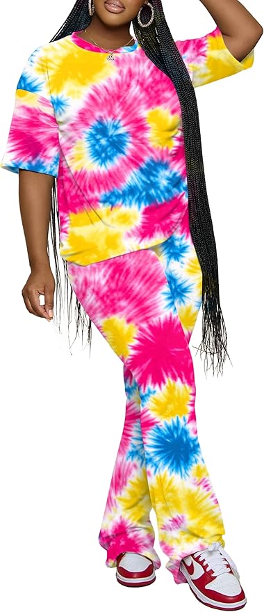 PINSV Women 2 Piece Outfits Short Sleeve Top and Flare Pants Lounge Sets Tracksuit