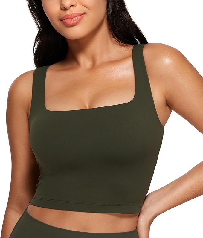 CRZ YOGA Butterluxe Square Neck Crop Tank Tops for Women - Workout Longline Sports Bras Padded Yoga Camisole