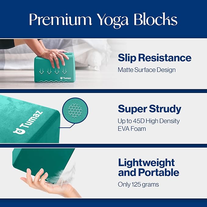 Tumaz Non-Slip Yoga Blocks 2-Pack - High Density/Lightweight EVA Foam & Natural Cork for Stability, Premium Set with E-Book Included