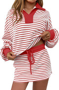 Fisoew Womens Striped 2 Piece Outfits Casual Sweatshirt Skirt Set Long Sleeve Skort Workout Set Matching Lounge Sets