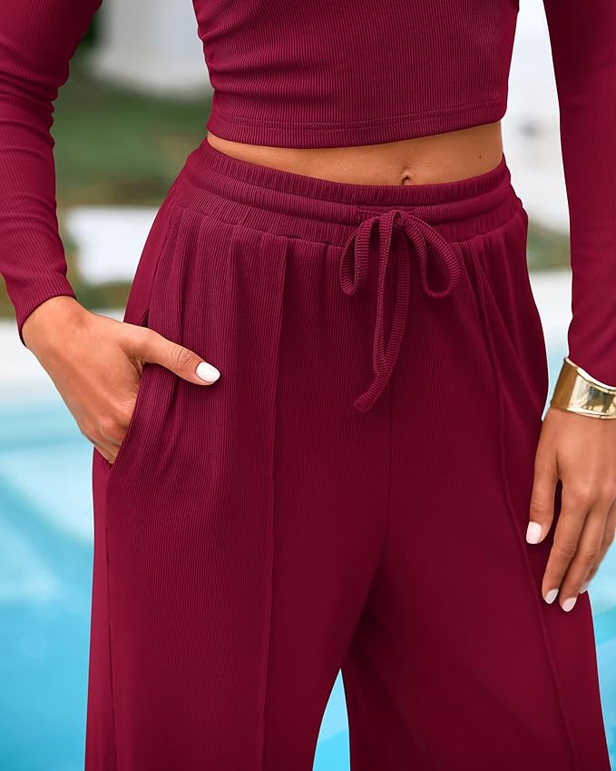 BTFBM Casual 2 Piece Sets For Women Fall Outfits 2026 Ribbed Spring Long Sleeve Crop Top Wide Leg Pants Matching Lounge Set