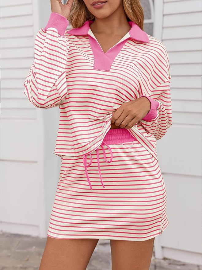 Fisoew Womens Striped 2 Piece Outfits Casual Sweatshirt Skirt Set Long Sleeve Skort Workout Set Matching Lounge Sets