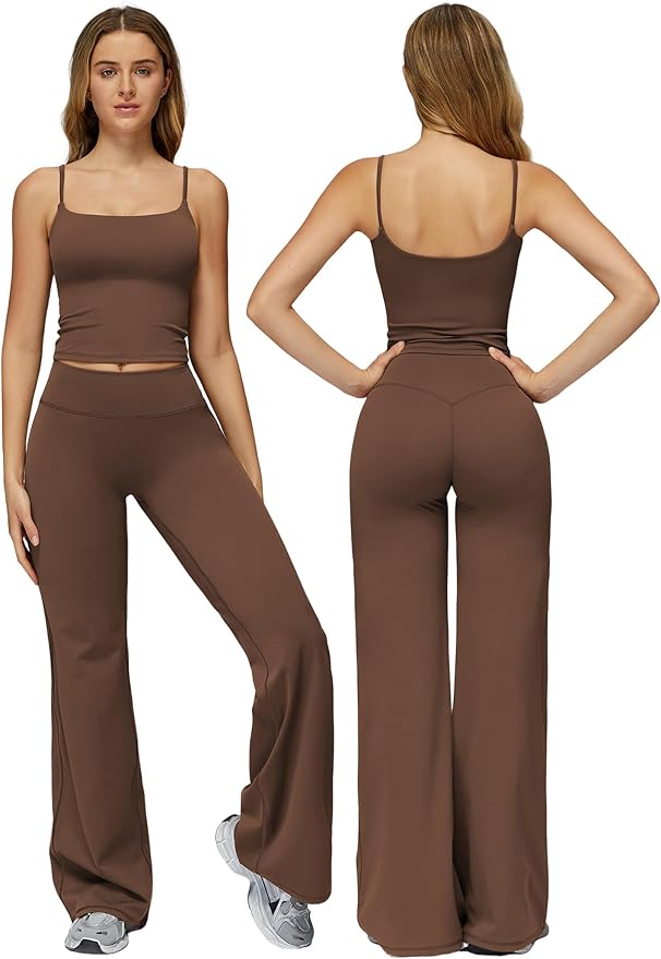QBGJTD Womens Workout Sets Two Piece Spaghetti Straps Crop Top Matching Straight Leg Pants Gym Work Pilates Outfits