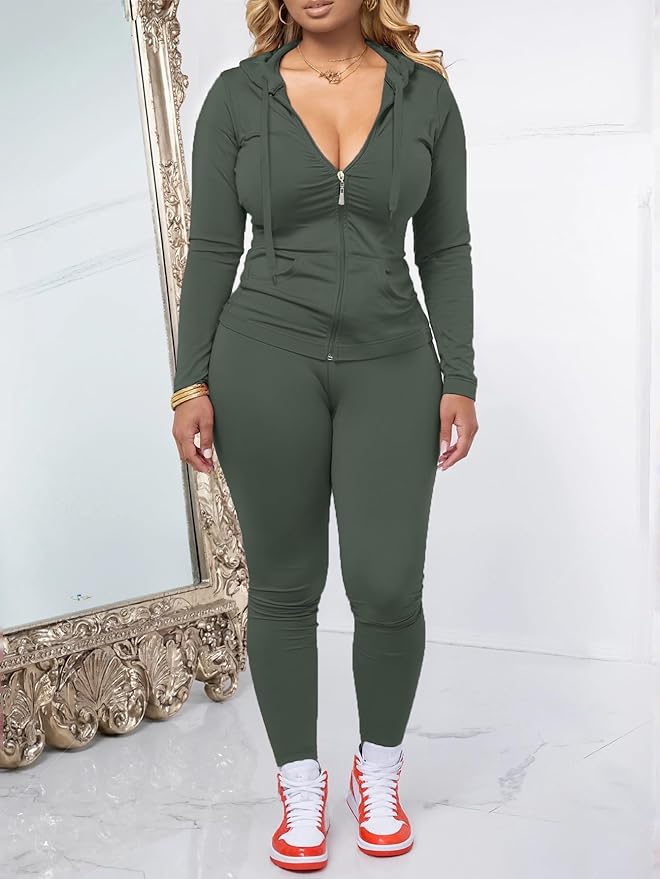 AUXDIO Women 2 Piece Outfits Casual Workout Sets Bodycon Tracksuit Zip Up Long Sleeve Hoodle Jacket Jogger Pants Set