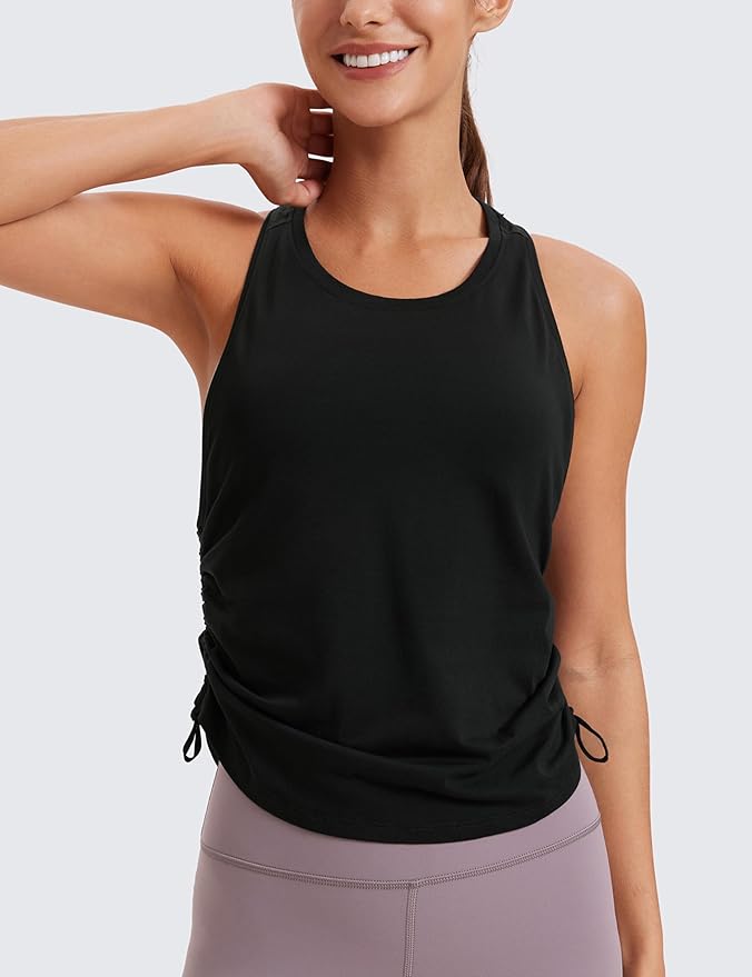 CRZ YOGA Pima Cotton Ruched Side Tank Tops for Women - Workout Athletic Casual Racerback Crewneck Loose Sleeveless Shirts