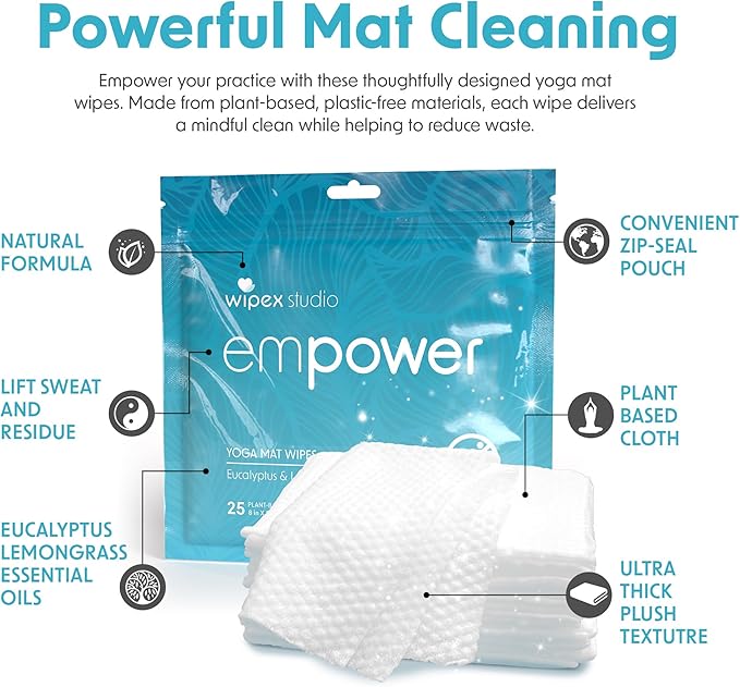 Wipex Studio Empower Yoga Mat Cleaner Wipes 25ct Zip Pack, Ultra Thick and Textured, Lemongrass Eucalyptus Scent, Natural Choice for Yoga, Pilates, or Any Movement Practice