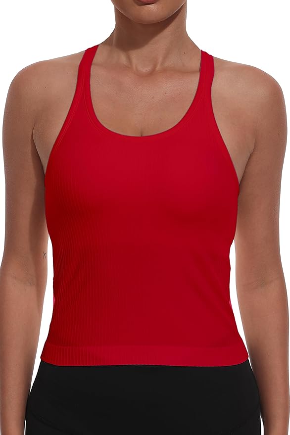 YIOIOIO Women Ribbed Workout Crop Tops with Built in Bra Seamless Yoga Racerback Tank Top Tight Fit