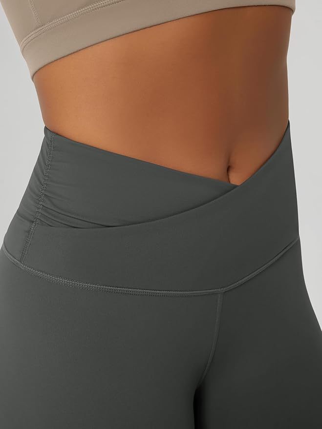 ODODOS Women's Cross Waist Yoga Leggings with Inner Pocket, 23"/25"/28" Gathered Crossover Workout Yoga Pants