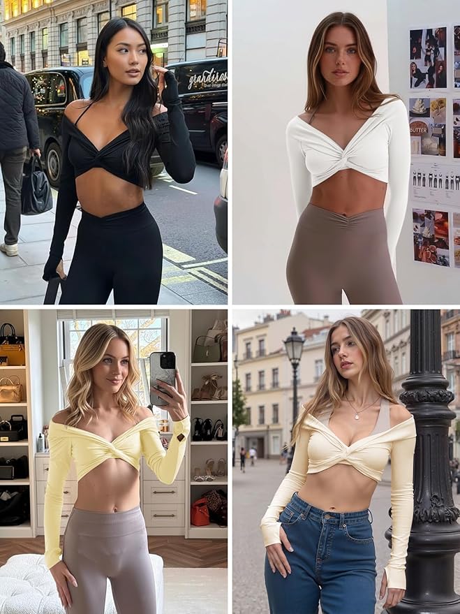Yousify Womens Long Sleeve Workout Crop Tops Twist Deep V Neck Y2k Yoga Pilates Ballet T Shirt Top with Thumb Holes