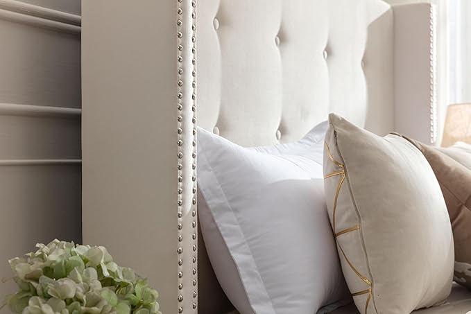 Upholstered Bed Frame, 54" Tall Headboard Wingback Upholstered Platform Bed Frame for Kids Teens Adults Bedroom Strong Wood Slats Support/No Box Spring Needed (Ivory Velvet, Queen)