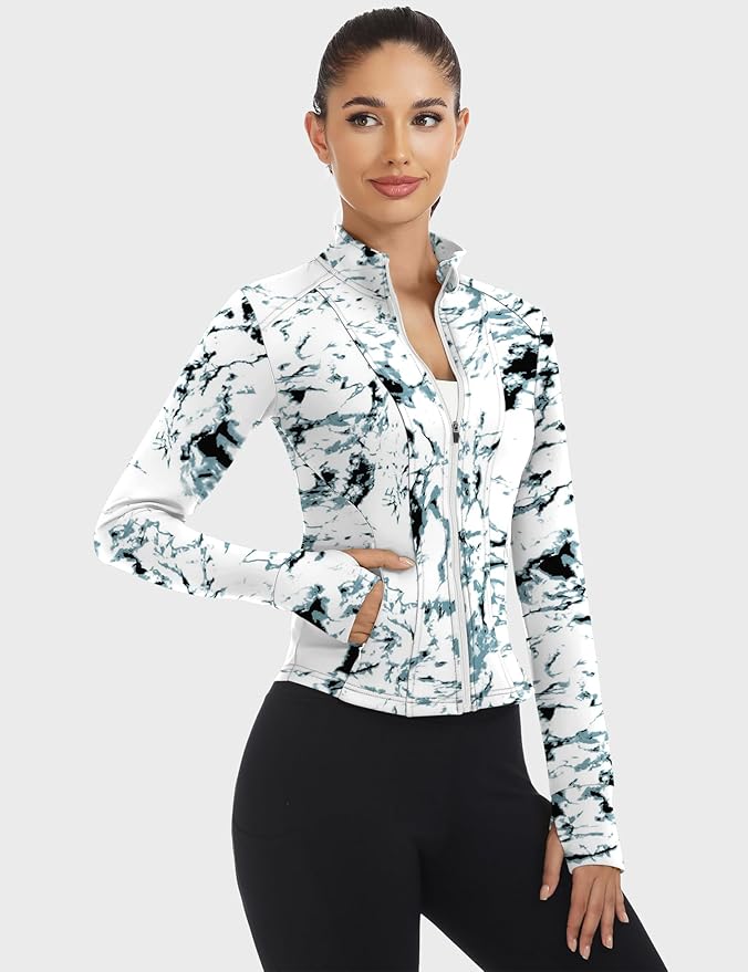 Loovoo Women's Workout Jacket Lightweight Zip Up Athletic Jackets Cropped Slim Fit Running Yoga Tops with Pockets