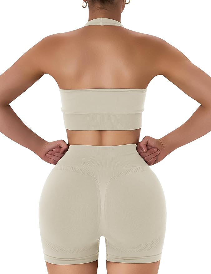 OLCHEE Workout Sets for Women 2 Piece Backless Halter Sports Bra High Waist Booty Shorts Yoga Gym Outfits Lounge Activewear