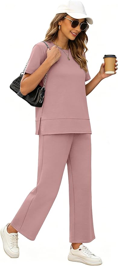 XIEERDUO Women's Side Slit Lounge Sets 2026 Fashion 2 Piece Travel Outfits Cozy Loungewear Wide Leg Tracksuits S-3XL