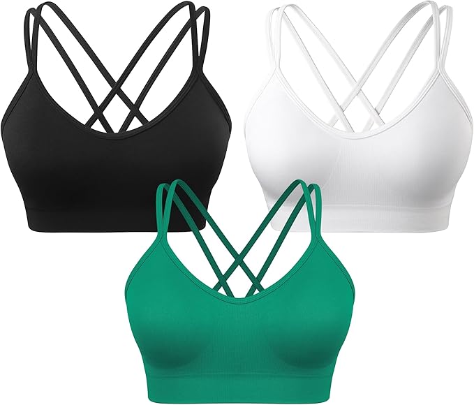 VEQKING Women's Cross Back Sports Bra Padded Strappy Medium Support Yoga Bra for Workout Fitness 3 Pack
