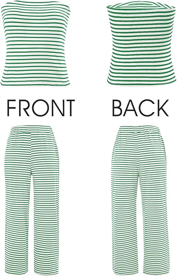Tankaneo Womens Striped 2 Piece Sets Summer Strapless Crop Tube Tops Wide Leg Pants Matching Lounge Set Vacation Outfits
