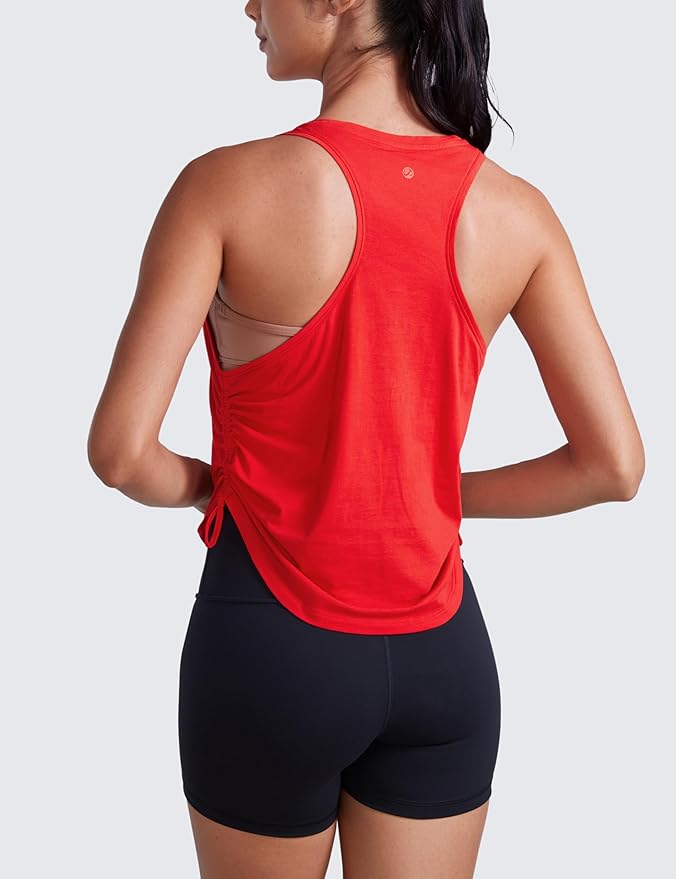CRZ YOGA Pima Cotton Ruched Side Tank Tops for Women - Workout Athletic Casual Racerback Crewneck Loose Sleeveless Shirts