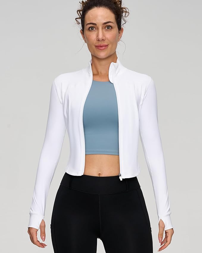 Women BBL Jacket Full Zip UP Workout Athletic Cropped Jacket wIth Thumb Holes Running Yoga Sportswear